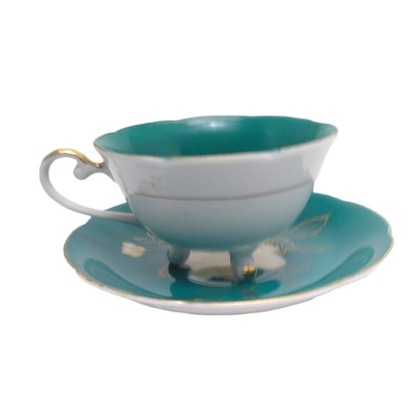 Teal Gold Rose Pattern Footed Teacup And Saucer Set - Picture 3 of 7